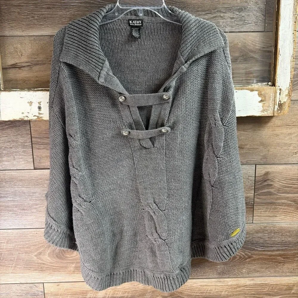 Kathy Van Zeeland Gray Cable Knit Sweater Cape Poncho One Size Cozy Fall Winters